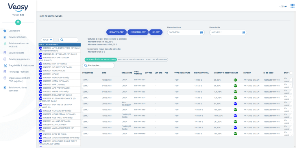 Ecran du module tiers payant du logiciel dentaire Veasy